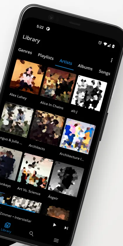 Shuttle Music Player, browsing a library of albums by artist.
