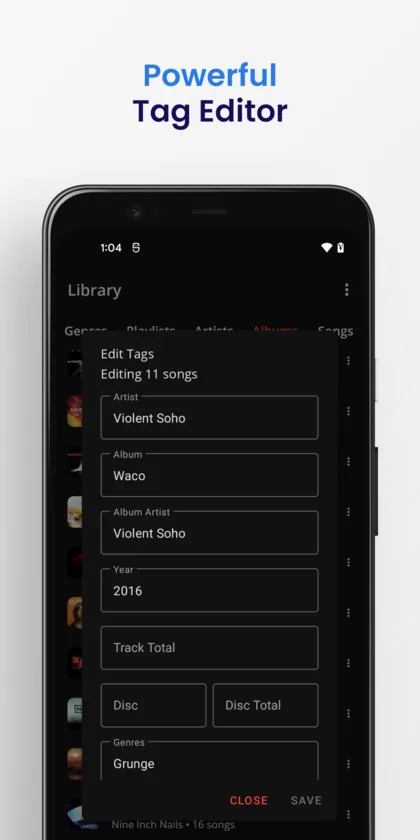 Editing artist, album and year tags for eleven songs in Shuttle Music Player.