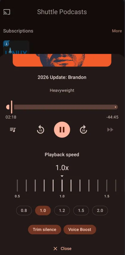 The Shuttle Podcasts player, showing playback speed, trim silence and voice boost controls.
