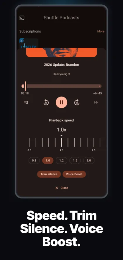 The Shuttle Podcasts player, with playback speed, trim silence and voice boost controls.
