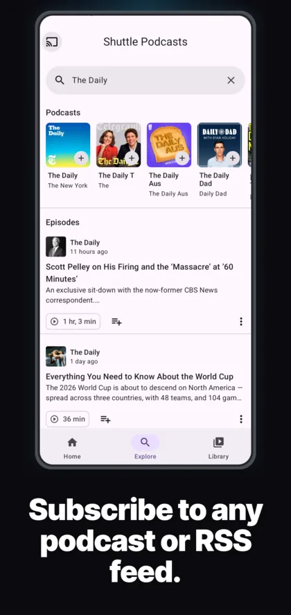 Searching for a podcast in Shuttle Podcasts and subscribing to it.